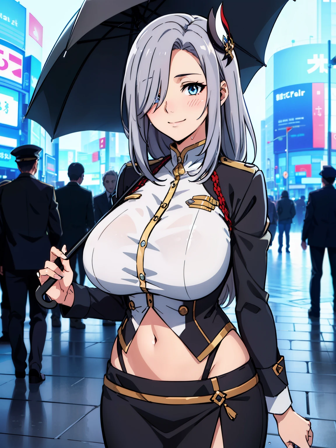 grabbing umbrella, (blue police outfit), gold badge, black skirt, police hat, rainy time, (raining shibuya crossing background), (crowded), ShenheV4, mature women, 20yo, anime cels style, best quality, high resolution, 1girl, (huge breasts:1.2), beautiful face, grey hair, long hair, hair ornament, (hair over one eye), blue eye, cowboy shot, light smile, happy face, blushing, navel