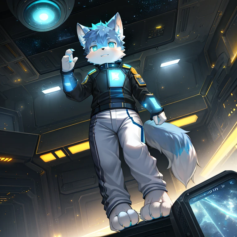 "(High quality sci-fi scenery and shadows,Ray Tracing,Particle Effects,8k resolution),(Cat-eared Shota boy and a huge wolf tail+The ears are big and long)of(White luminous pants+The fur is white of+Yellow and blue luminous clothes),Wearing futuristic sci-fi naval command uniform,Space Helmet,Animal-type feet,Exuding a mysterious and heroic of lovely temperament。"