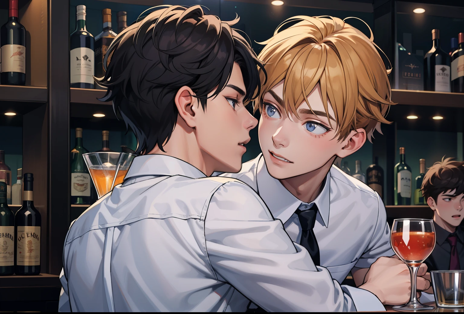 Two 16-year-old boys, brothers and friends, are in a bar at a party having a few drinks of liquor.