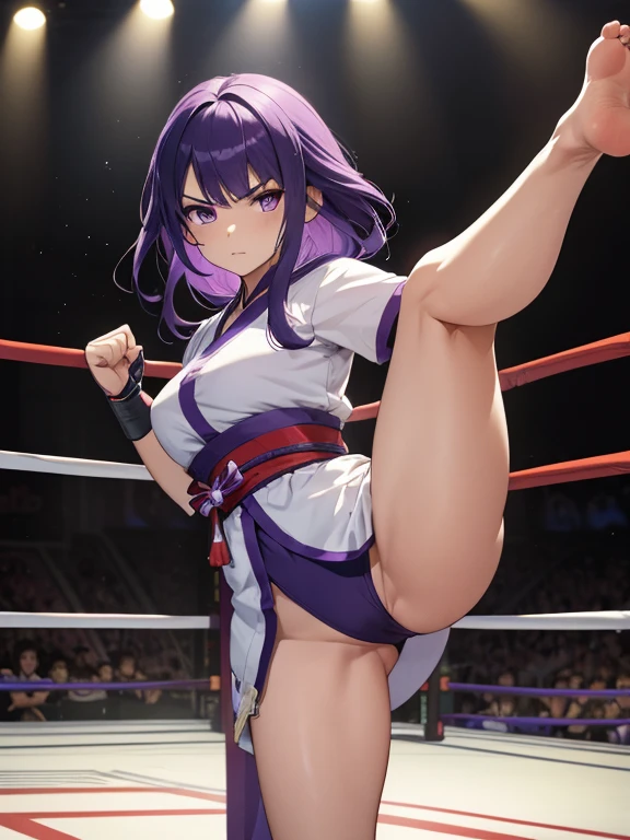 1girl, purple hair, raiden shogun, wearing karate uniform with short sleeves, angry stare, standing on left leg, strong right leg high kick, high kick, right foot lifted above head-height, soles facing viewer, accurate foot, barehands, barefoot, fighting stance, martial arts, intense battle, barehand fighting contest, in a boxing ring, facing viewer, fit full body in picture, perfect anatomy, (best quality,8K,high resolution,ultra-detailed,masterpiece)