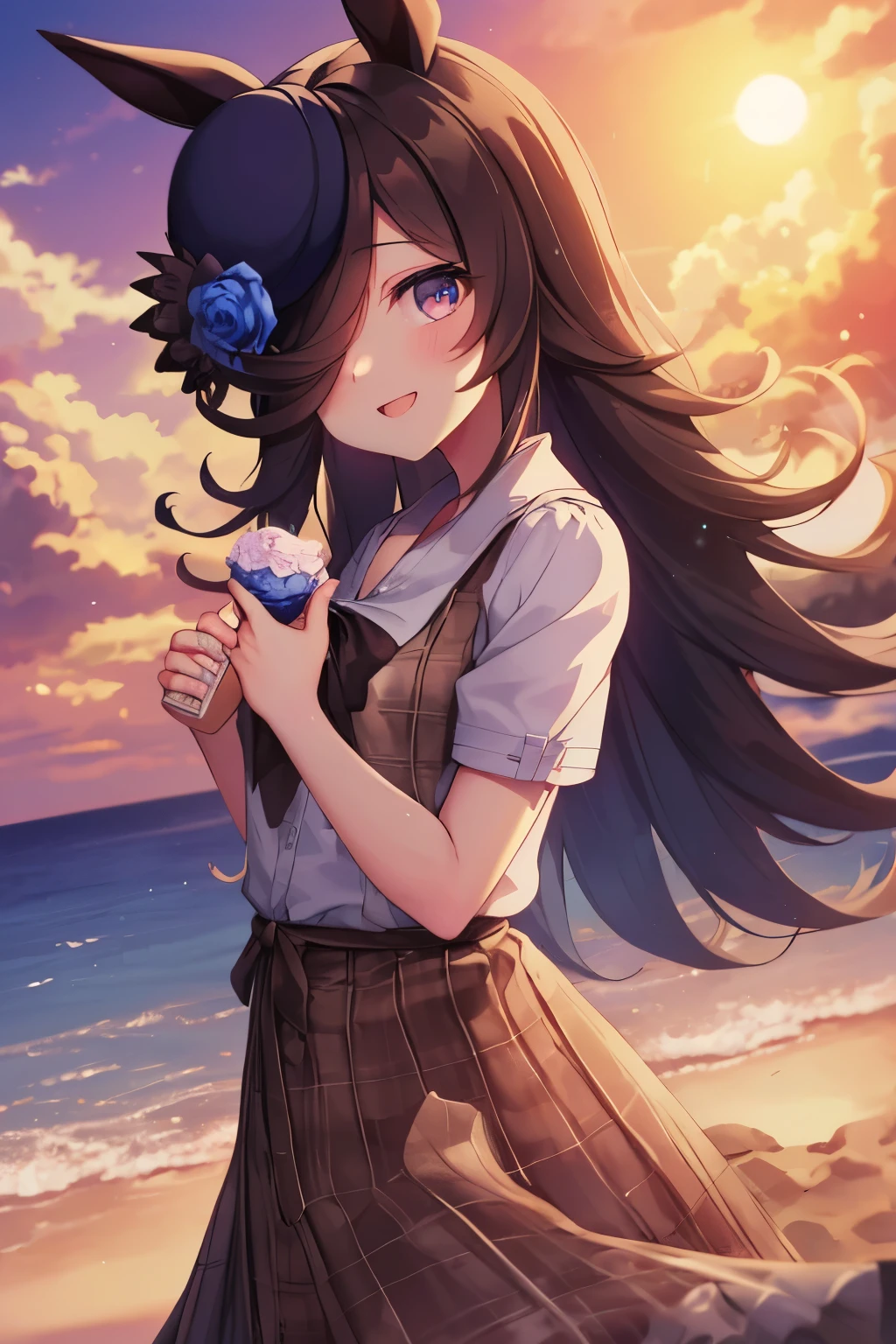 (Tabletop.highest quality).(Dynamic Angle). (CG paintings with impressive detail),(Perfect image)、Comic Strip.shape.1 girl.Detailed face、Perfect Face.Delicate face、A cute and delicate girl in a white shirt、Rough skin、Black Hair.length、(Umamimi Girl)Umamimi Girl、((Beautiful Blue Eyes)).繊細でBeautiful Eyes、Beautiful Eyes、Reflected Eyes、smile.(Looking at the audience:1.3).(Face is a little red:0.8)、8k wallpaper、Cowboy Shot、reflected light、Most detailed、Complex、((The delicate sea is the background、Season Summer))、Rough skin、Fine skin、(Super Resolution)、((Cute girl in white shirt))