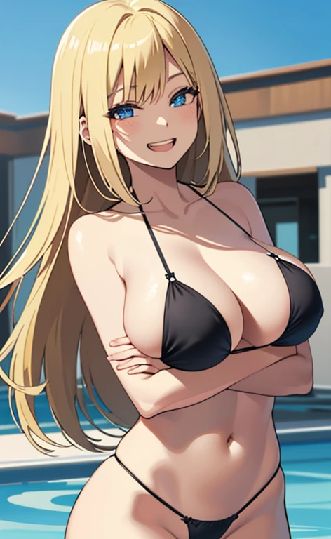 (masterpiece:1.4、top-quality、illustration:1.4,realistic、)、(character focus、breast focus,cowboy shot)、(1girl),(Open mouth happy grin:1.3),(half closed eyes),cute face,blue eyes、(breast hold)、
,(stand:1.4),(Shining smile),
,(slender),(black micro bikini),(longblonde hair:1.3), (large breasts:1.3)、
、slender、pool,、