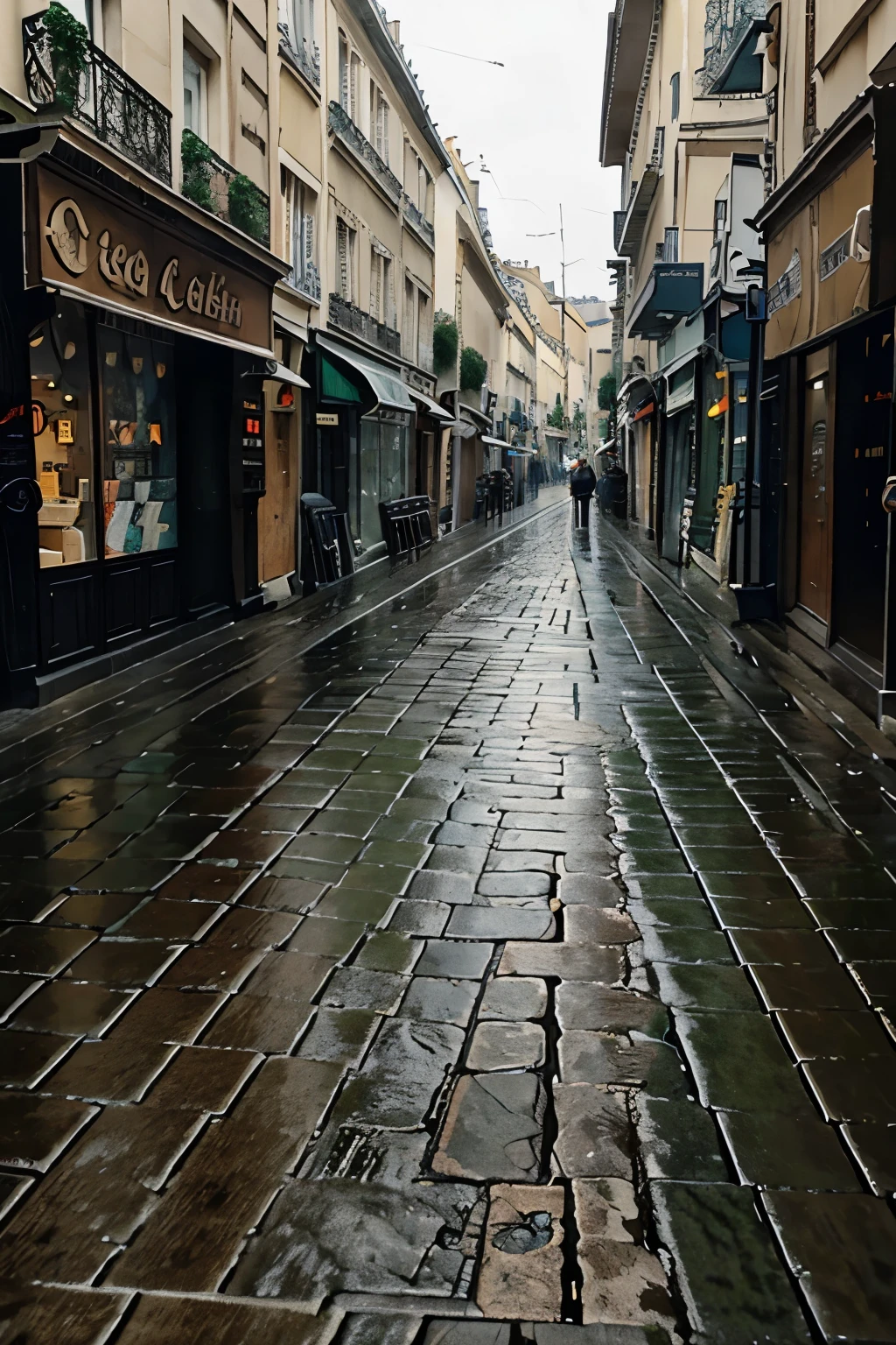 Backstreets of Paris Cobblestone pavement Wet road surface in the rain Open Cafe Walking Path