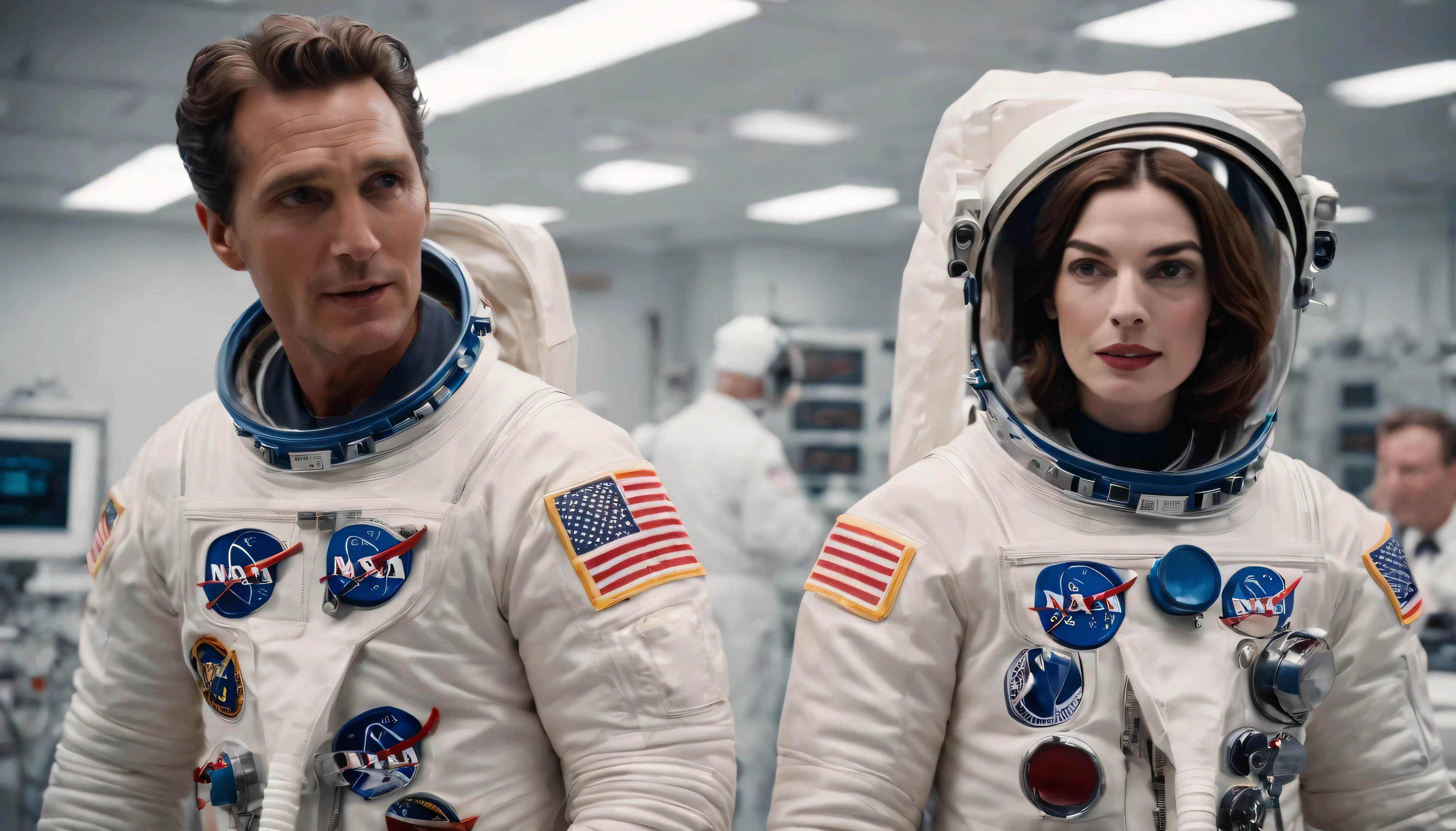 Matthew McConaughey and Anne Hathaway wearing the Astronaut suit inside the NASA LAB, Vintage shot like 1960s panavision camera shot