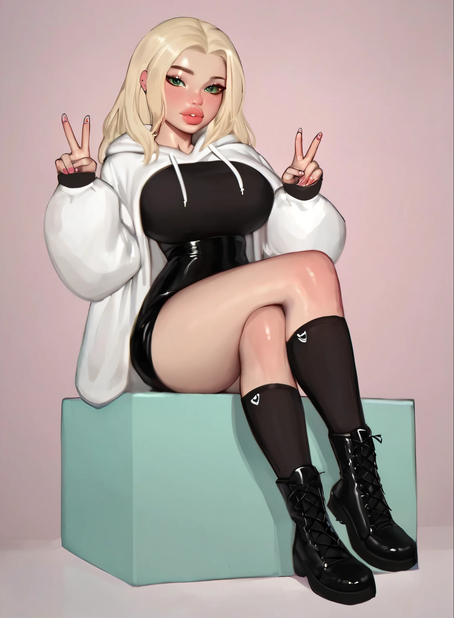 score_9, score_8_up, score_7_up, puririkaaa_style, , long hair, green eyes, white hoodie, 1girl, solo, looking at viewer ppl, blonde hair, green eyes, full body, massive lips, black dress, ((full body)), black boots, foot on screen, socks, black socks, sitting down, peace sign