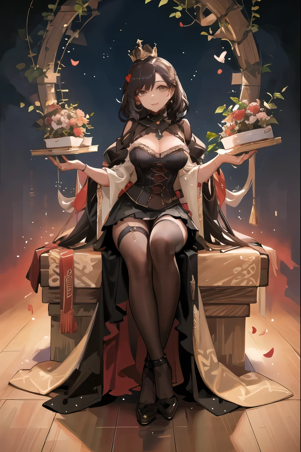Black lace corset, zipper, one sleave, 1 female, dark skin, short curly black hair, giant crown, huge floor length frilly skirt, illustrated, queen of hearts, gears in the background, flowers, mushrooms, red, ultra detailed, pretty face, hearts, high cheek bones, big brown eyes, proportional, masterpiece, elegant