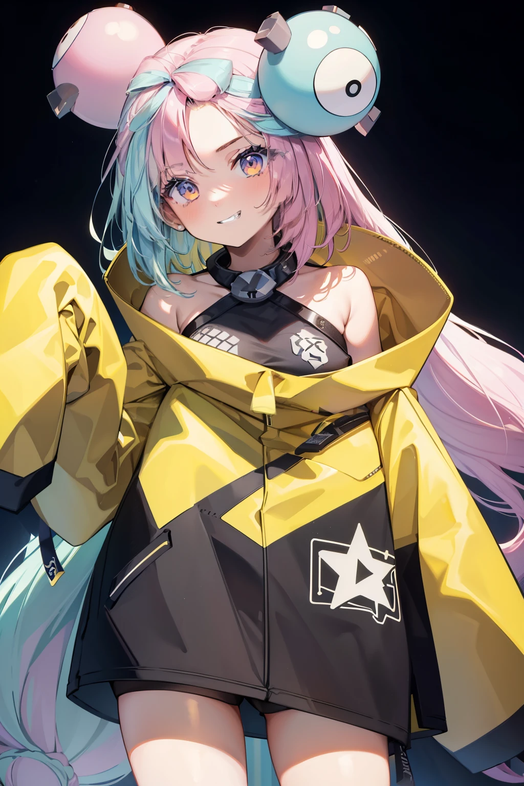 top-quality,Masterpiece,​masterpiece,8K,32K,high-level image quality,High pixel count,One woman,1girl in,solo,,a open smile,Jagged teeth,Shoulder out,Yellow oversized hoodie,full bodyesbian,is standing,Bullish face,20yr old,simple background,without background,