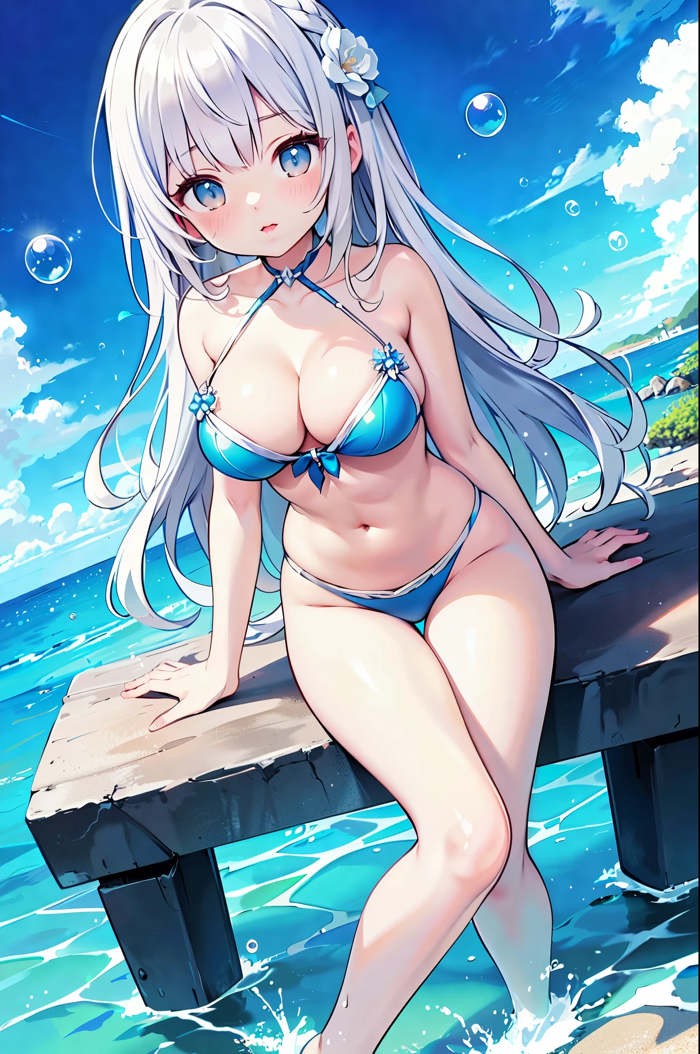 (highest quality)、((Super detailed))、(Ultra delicate)、Sexy cute mermaid、、Silver Hair、Beautiful breasts、Beautiful thighs、Gorgeous、Fantastic Light、Sea、Bubble