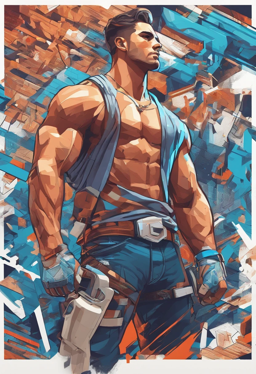Joven musculoso, cuerpo rectangular, cabeza trapezoidal, con ojos azules, rasgos latinos con barba estilo pistolero y cabello corto color plateado, en ropa interior corta ajustada, sin camiseta, flexing muscles and tanned skin, posando de pie, imagen de cuerpo completo