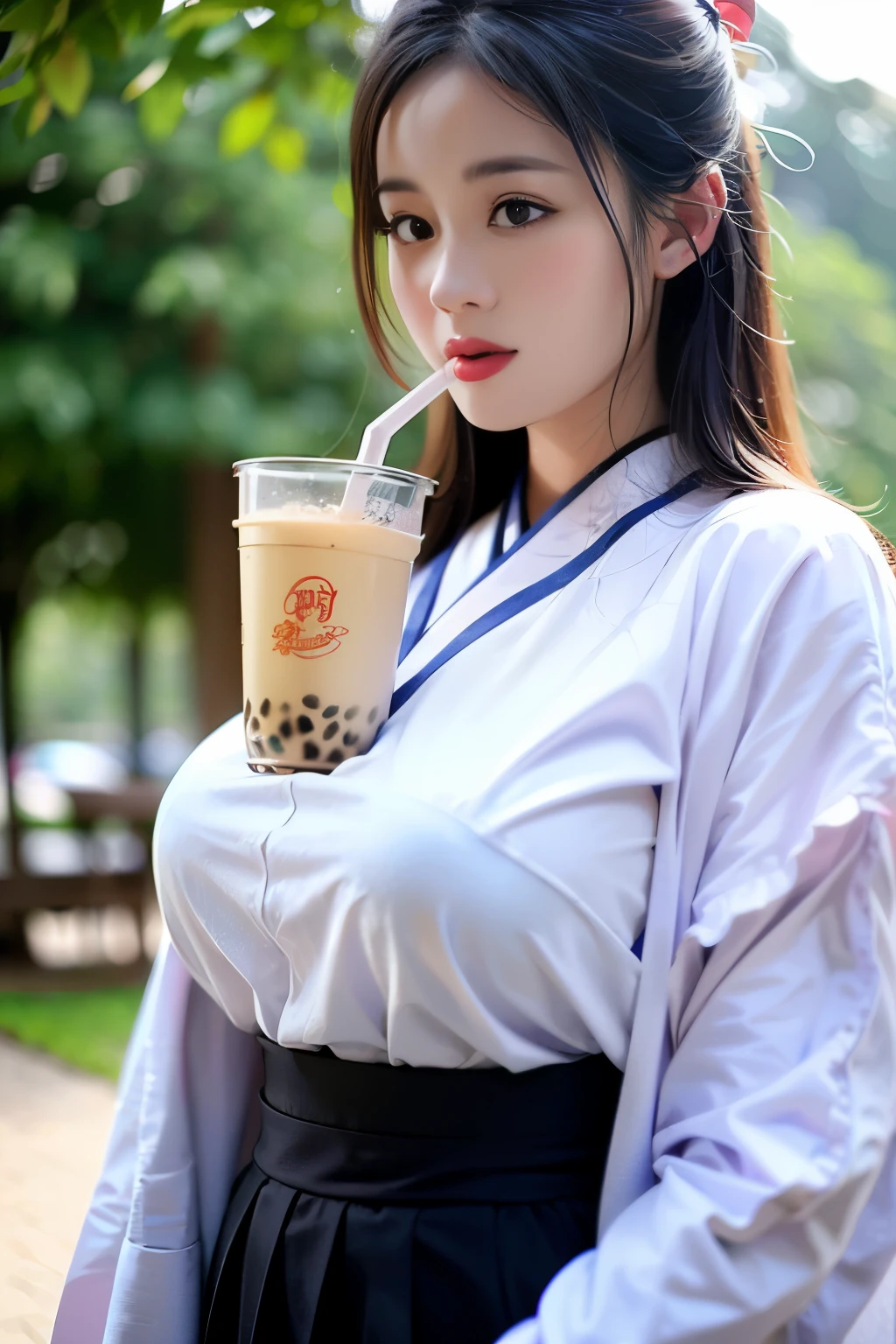 upper body closeup, Hands-Free_Bubble_Tea_Challenge, Bubble Tea between big breasts, a straw, (masterpiece, best quality:1.2), 1girl,,hanfu, chinese traditional dress,playground