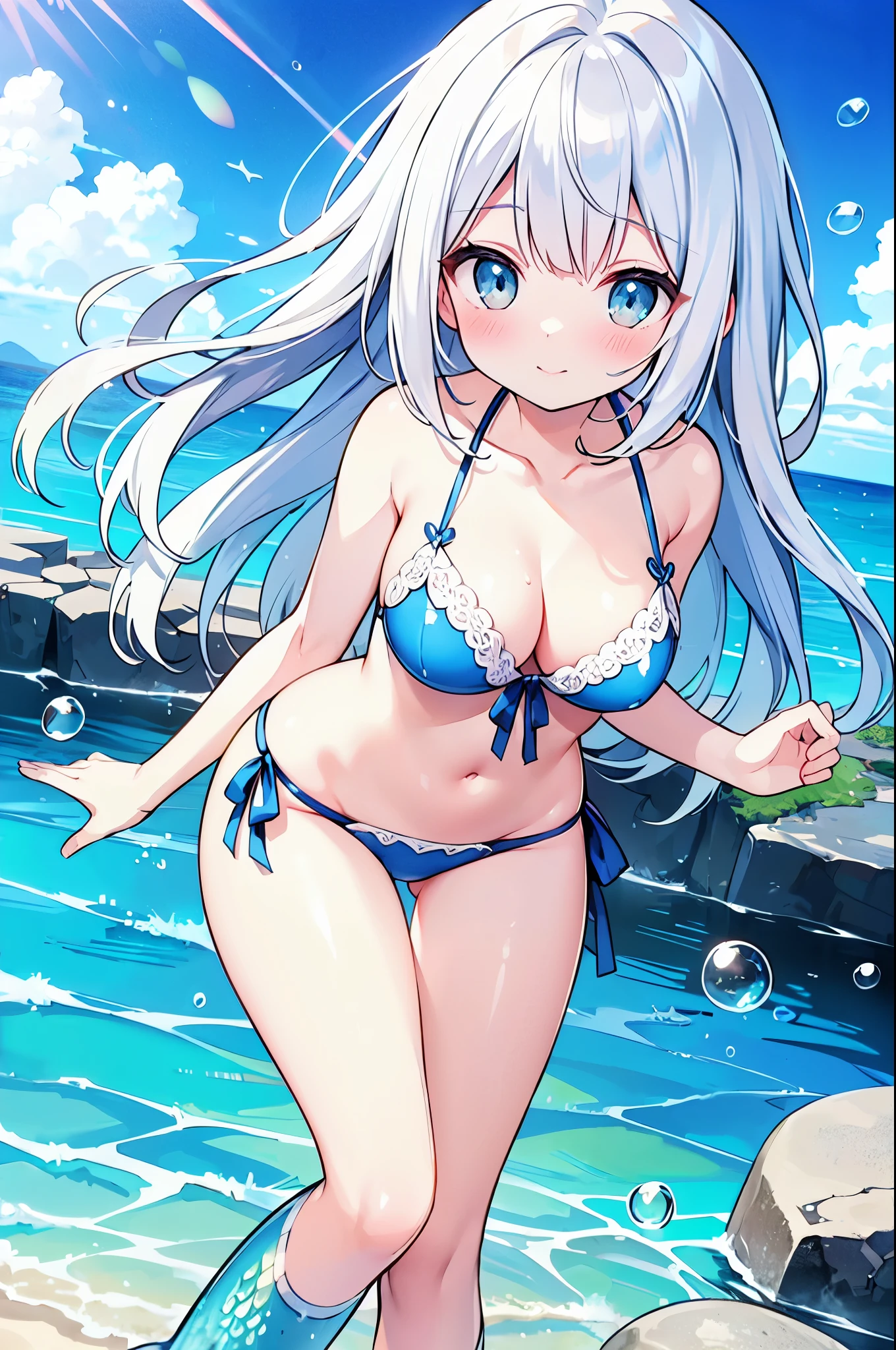 (highest quality)、((Super detailed))、(Ultra delicate)、Sexy cute mermaid、、Silver Hair、Beautiful breasts、Gorgeous、Fantastic Light、Sea、Bubble