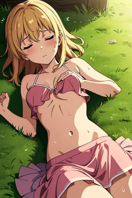 (detailed background), (masterpiece), (4k), (best quality), tan skinned anime girl, dressed in a cute bikini top and flowy skirt, curled up in a peaceful slumber on a grassy hill, her hand pressed against her stomach in discomfort. sweating, sweat beads all over her body