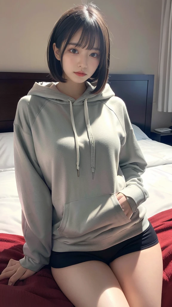 muste piece, best quality, illustration, Super detailed, fine details, High resolution, 8K,wall paper, perfect dynamic composition,(Details High quality, realistic depiction of eyes:1.3), Oversized Light Grey Hoodie, Erotic Shorts, short bob hair, Lying down, black hair color, Big Natural Color Lip, bold sexy pose, (perfect body shape), crying a little、cold gaze, Harajuku style、20 year old girl、cute type、lolita、beautiful legs, hotel room, hposing Gravure Idol, Voluptuous thighs
