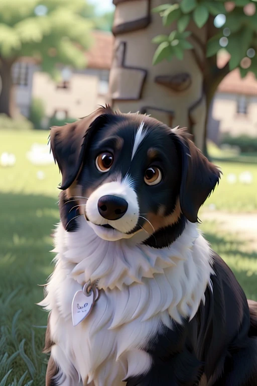 Chien, noire et blanc et marron, poil long, head tilted, yeux marrons
