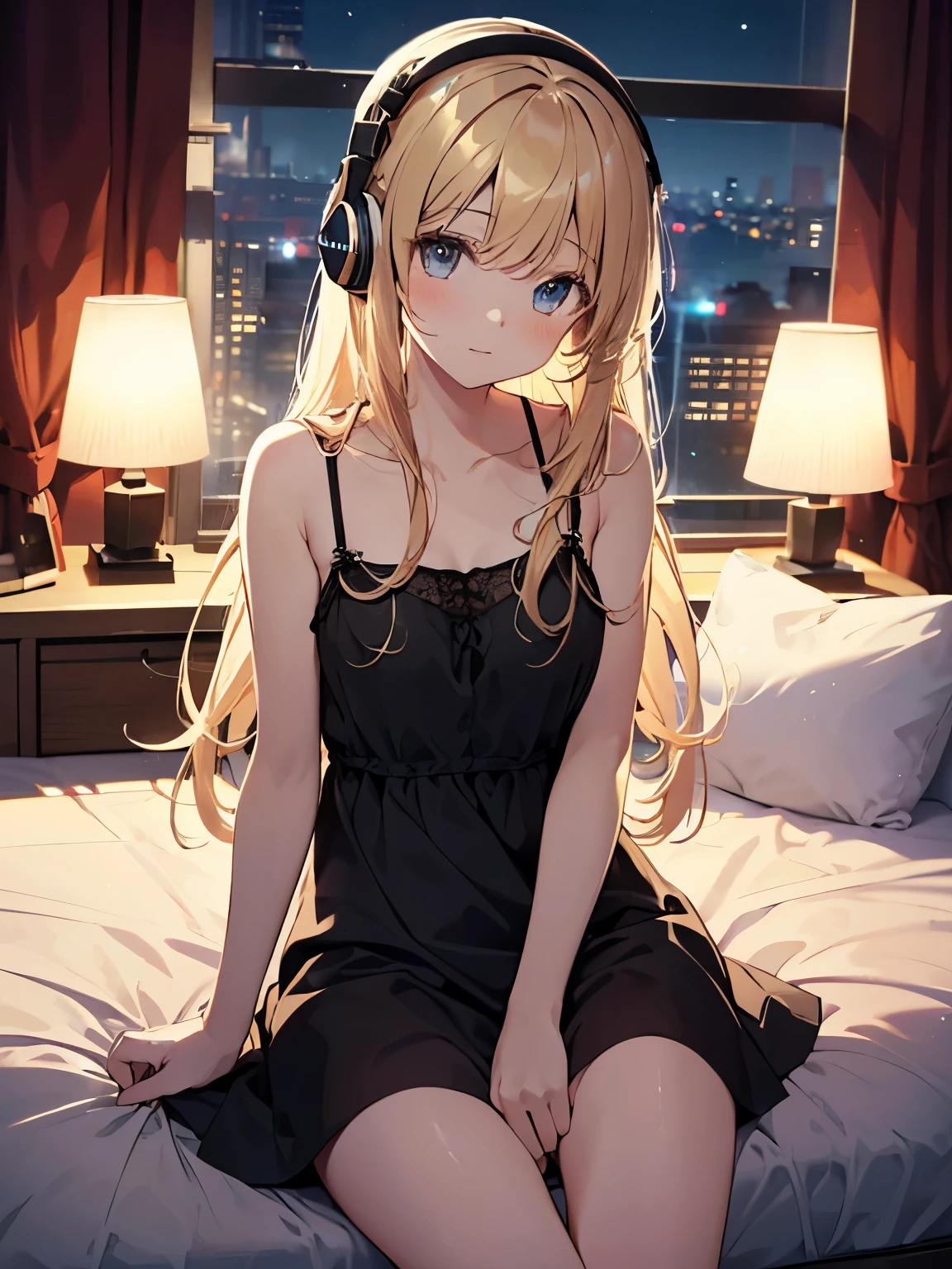 ((Bedroom at night)), ((highest quality)),, 1 girl, blonde, Medium Long Hair,Headphones, On the bed、Beautiful girl quietly listening to music、Light bulb light、Dark Room、Camisole dress