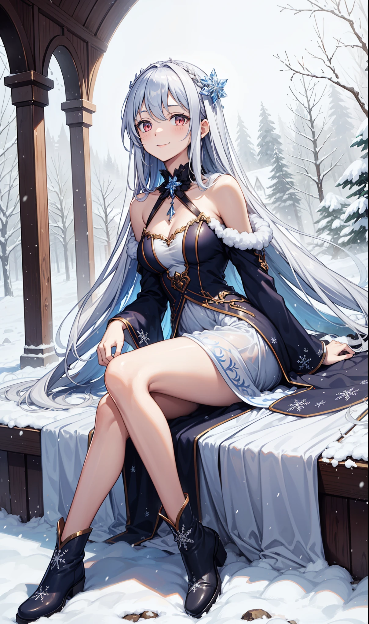 masterpiece, highlydetailed, ultra-detailed, cold, solo, (1girl), (pale skin), icyblue eyes, frosty white hair, cool Chara, flat face, young lady, lady chara, medium boobs, Arrogant, confident, cold face, goddess, cool kuudere girl, snowflakes, (frozen flowers:0.5), (calm expression), (sparkling ice crystals), (modern casual clothes), (snow-covered ground), (smile:0.9)