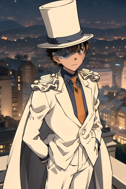 masterpiece, best quality, 1boy, solo, white suit, white cape, top hat, monocle, red necktie, blue shirt, white gloves, standing, nighttime,cityscape, florence city of from above, lighting, black, red, orange, brown, haze,looking at viewer,