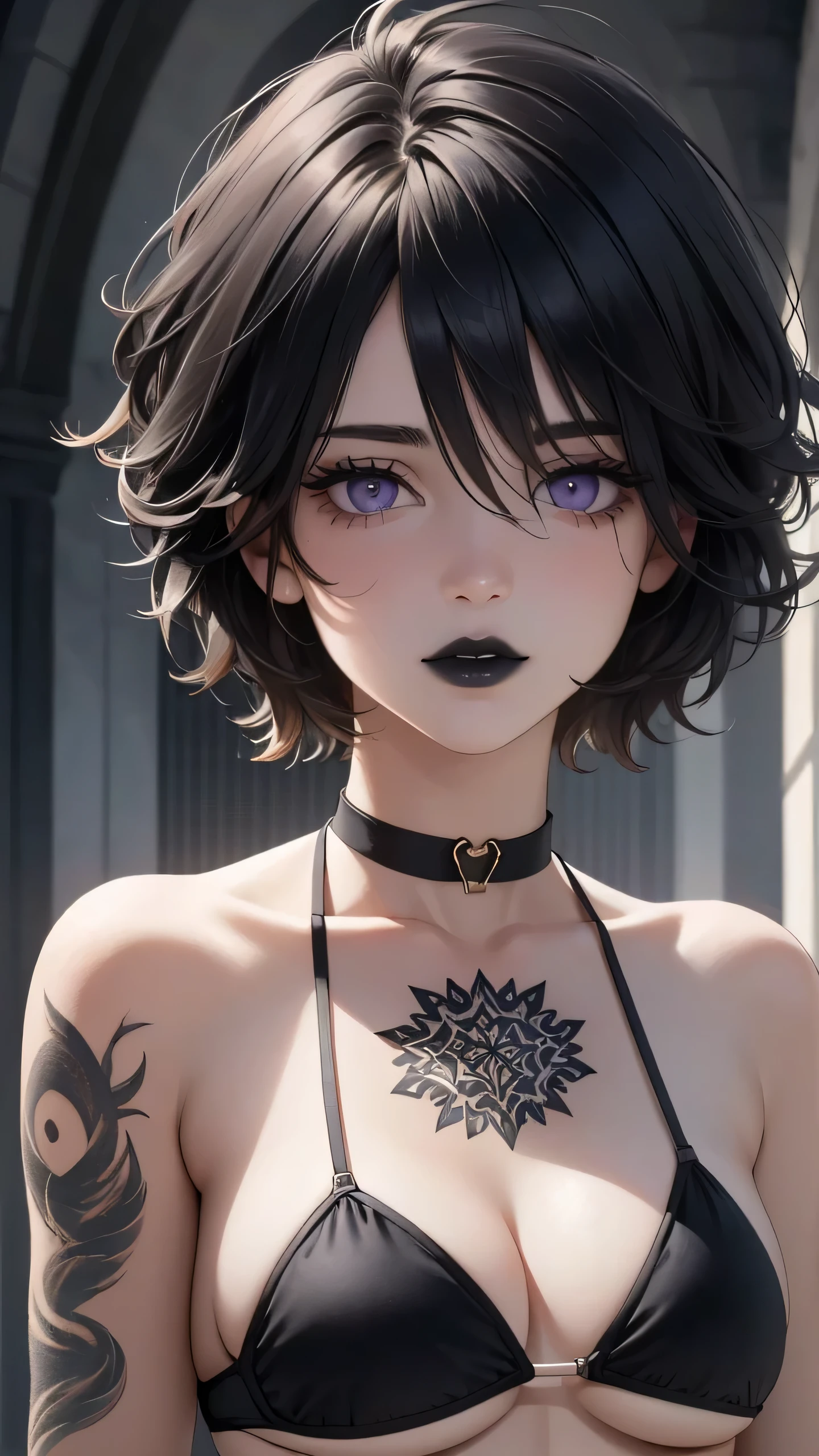 masterpiece,(best quality,top quality,8k),realistic,detailed eyes and face,(1girl), purple eyes, black hair, messy hair, short hair, hair between eyes,(tatto:1.2), pixie cut, goth, gothic, choker, black lips, (bikini:1.2), pretty girl, beauty skin, ultra high res, raw photo , detailed body ,(puffy eyes) ,good contrast , high sharpness,(gorgeous),realistic,RAW Photography,(hyperdetailed:1.2)
