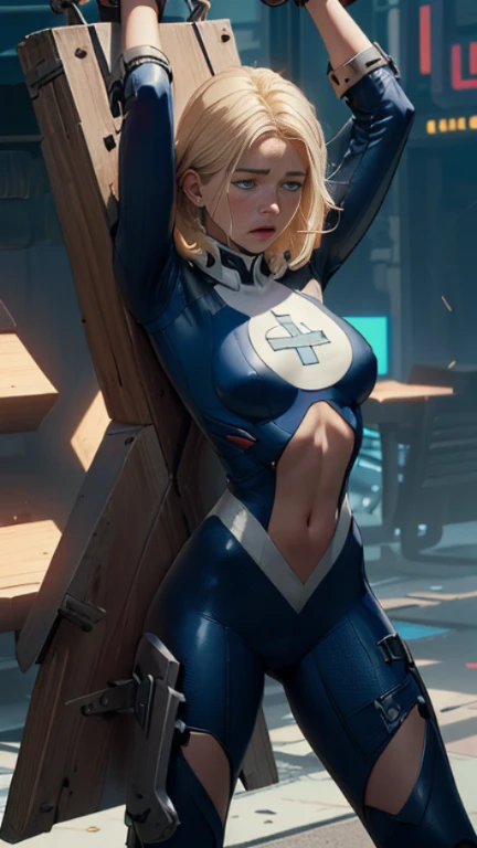 (Highly quality, masterpiece, detailed), cyberpunk laboratory background, (x shaped pasting stand), (hands up, spread hands, in stocks pose:1.4), 1girl, Susan Storm, blue eyes, blonde hair, full body blue bodysuit, sleeves, perfect face, big breasts, captured, abducted, defeated, (shut closed eyes, tears:1.1), sighing