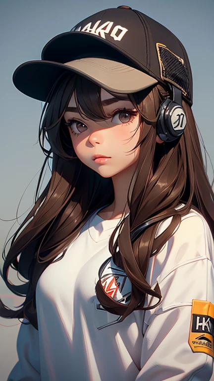 1girl, solo, headphones, hat, baseball_cap, long_hair, brown_eyes, looking_at_viewer, black_hair, lips, long_sleeves, upper_body, closed_mouth, brown_hair, artist_name