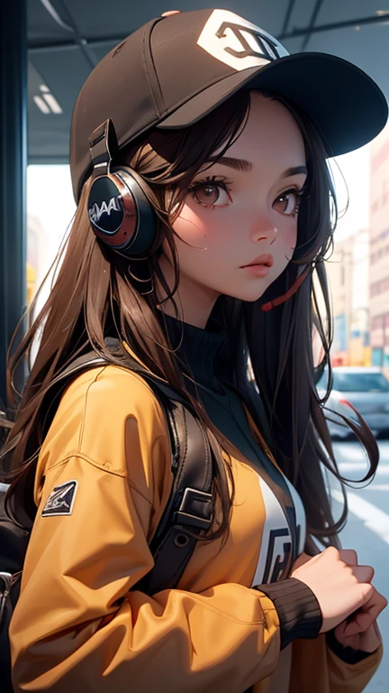 1girl, solo, headphones, hat, baseball_cap, long_hair, brown_eyes, looking_at_viewer, black_hair, lips, long_sleeves, upper_body, closed_mouth, brown_hair, artist_name
