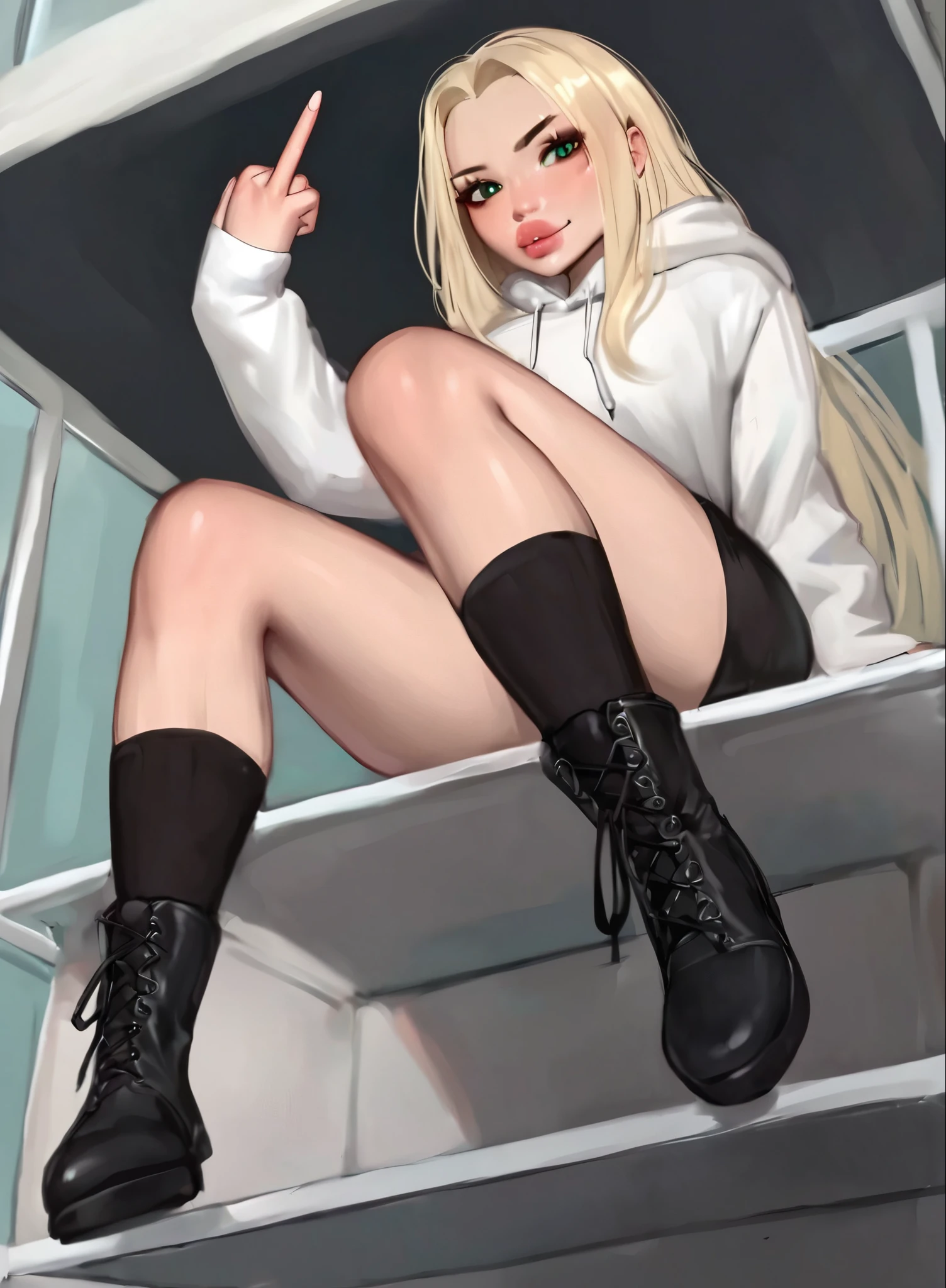 score_9, score_8_up, score_7_up, puririkaaa_style, , long hair, green eyes, white hoodie, 1girl, solo, looking at viewer ppl, blonde hair, green eyes, full body, massive lips, black dress, ((full body)), black boots, foot on screen, socks, black socks, sitting down, stamping on screen, middle finger, from below 