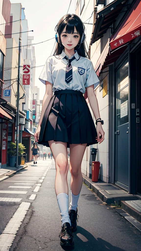 (masterpiece), (highest quality:1.4), (Ultra-high resolution:1.2),  Highly detailed background, (unity 8k wallpaper), Cute high school girl wearing headphones walking through the streets of Tokyo。Illustrations inspired by city pop culture、、Wear loose socks for a stylish and nostalgic look、Display one subject without splitting the screen、18-year-old、tall、evening、night、Background sepia、uniform、smile