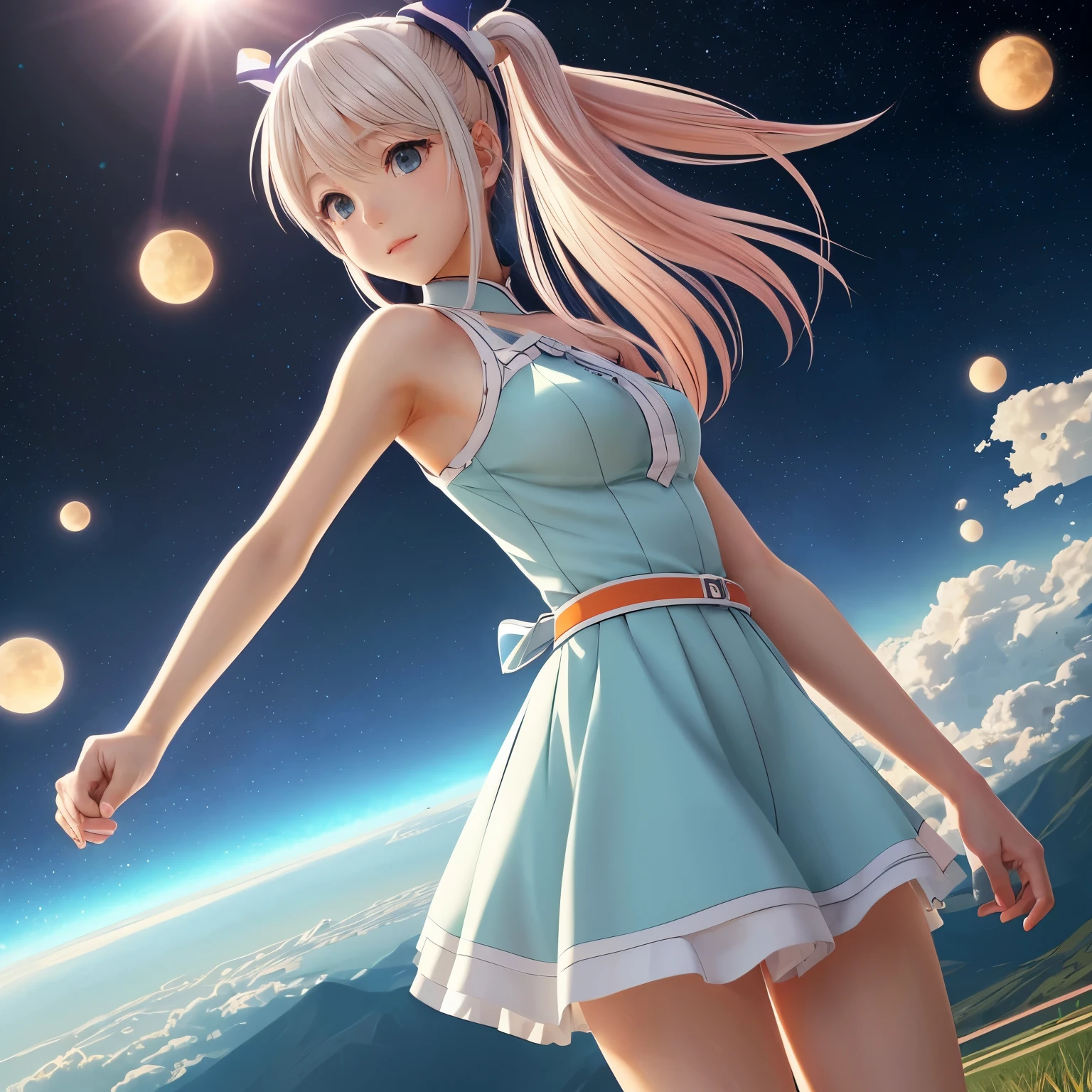 A silver-haired girl in white and orange mecha, flying on a spaceship of an advanced sci-fi space battleship with a black background, in the style of anime, with an anime composition and anime light effects, with a game art design, rendered in Unreal Engine, from a full body perspective with a high angle view, in a dynamic posture, and with a cool color scheme., A cute blonde girl with cat ears, dressed in white girls attire and holding flowers in her hands stands between two other girls who have blue hair, light green eyes and red fox tails. The background is a pink checkered pattern. In the style of anime., 0.8 Spherical mirror, distorted view of an endless grid with a beautiful shoujo manga anime woman walking on it, happily and kindly atmosphere, surrealistic digital art in the style of psychedelic landscapes, black and white checkered pattern ground, rolling hills in the distance, symmetrical composition, distorted perspective, contrast between lightness and darkness, Beautiful shoujo manga illustration, in style of sharp edge line drawing, sunny day and summer season, in school, cute, in delicate shoujo manga style, blue and grean with orange accents, TAMRON SP 90mm F/ 2. 8 Di MACRO 1: 1 USD, nikon D5, day time, sunny, mangacore, Beautiful anime photography, romantic academia, beautiful japanese young woman wearing is happily playing harder, half close kindly eyes, full body, Beautiful brown big eyes, 25 years old, detailed glossy delicate skin, short hair, detailed beautiful balanced face, no nasolabial folds face, romantic emotivity, exaggerated action posing, soft edges and blurred details, photo-realistic hyperbole, simple and elegant style, real human body shape, kawaii flat anime face, unstable asymmetric picture screen layout, horizon slightly slanted angle, high dynamic range, high contrast, depth of field, Maximum high detail, Maximum high quality, Maximum high definition, maximum detailed delicate wide landscape, v-ray tracing backgrou