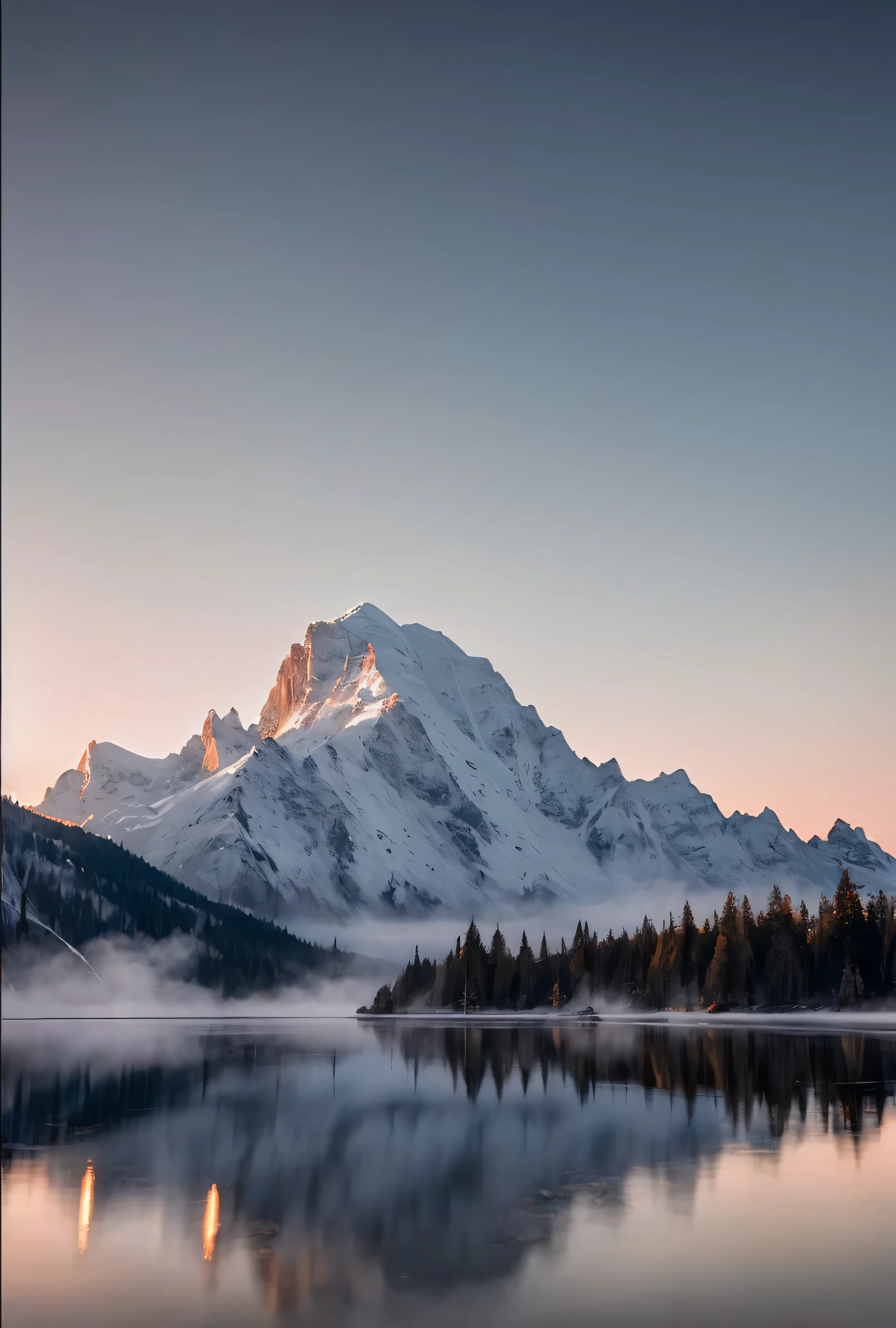 A picture of a snowpeaked mountain during sunrise and fog slowly disapear the picture should be taken from a lake