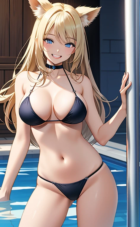 (masterpiece:1.4、top-quality、illustration:1.4,realistic、)、(character focus、breast focus,cowboy shot)、(1girl),(Open mouth happy grin:1.3),(half closed eyes),cute face,blue eyes、(hand on own hip)、
,(stand:1.4),(Shining smile),
,(slender),(black micro bikini),(longblonde hair:1.3), (large breasts:1.3)、
、slender、pool,、