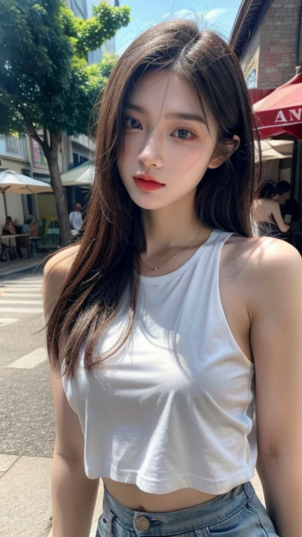 8k, Masterpiece, best quality, realistic, very detailed, 1 woman, healthy body, realistic skin texture, big breasts, staring at the audience, Crop shirt, Short skinny t-shirt, tank top, underboobs, under , micro mini short skirt, Sexy Pants, Torn shorts showing skin, movie light, Face focus, Good eyes, detailed face, The face was bright.., Daytime, Outdoor coffee shop in the background, Low angle shot, View from below,beautiful tattoo,Small belly cake