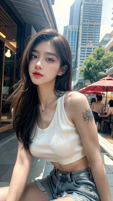 8k, Masterpiece, best quality, realistic, very detailed, 1 woman, healthy body, realistic skin texture, big breasts, staring at the audience, Crop shirt, Short skinny t-shirt, tank top, underboobs, under , micro mini short skirt, Sexy Pants, Torn shorts showing skin, movie light, Face focus, Good eyes, detailed face, The face was bright.., Daytime, Outdoor coffee shop in the background, Low angle shot, View from below,beautiful tattoo,Small belly cake