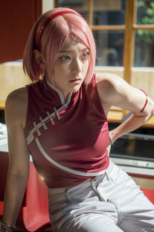 masterpiece, ,(solo:1.1), perfect face, (bright lighting:1.2),beautiful detailed eyes, extremely detailed face, perfect lighting,masterpiece, best quality, 1girl,haruno sakura, red sleeveless dress, white pants, bracelets, forehead mark, red hairband, small breast, medium hips, medium ass, solo