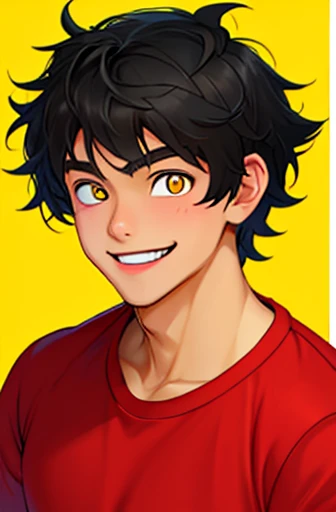 Human Male , Black hair , wearing red t-shirt , stupid smile , yellow pupils ,