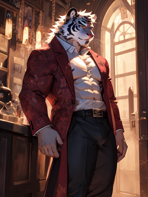 bara white tiger furry, dim lighting, purple glowing eyes, purple suit jacket over unbuttoned white shirt, muscular arms, tall, abs, big bulge in pants