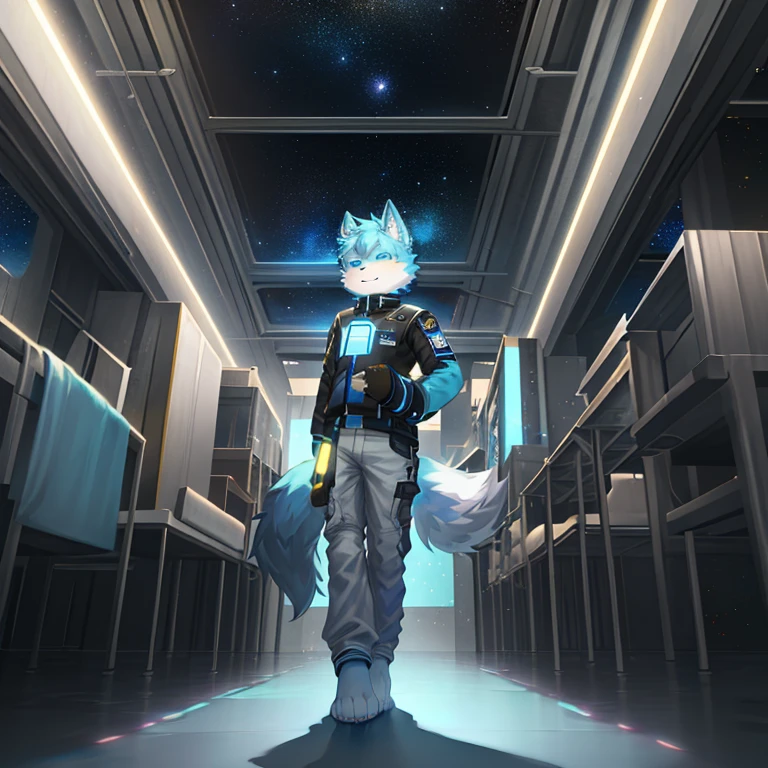 "(High quality sci-fi scenery and shadows,Ray Tracing,Particle Effects,8k resolution),(Cat-eared Shota boy and a huge wolf tail+The ears are big and long)of(White luminous pants+The fur is white of+Yellow and blue luminous clothes),Wearing futuristic sci-fi naval command uniform,Space Helmet,Animal-type feet,Exuding a mysterious and heroic of lovely temperament。"