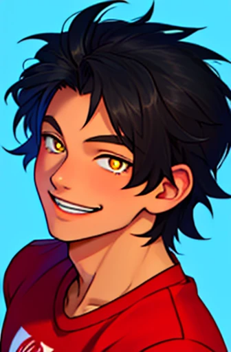 Human Male , Black hair , wearing red t-shirt , smile , yellow pupils , 