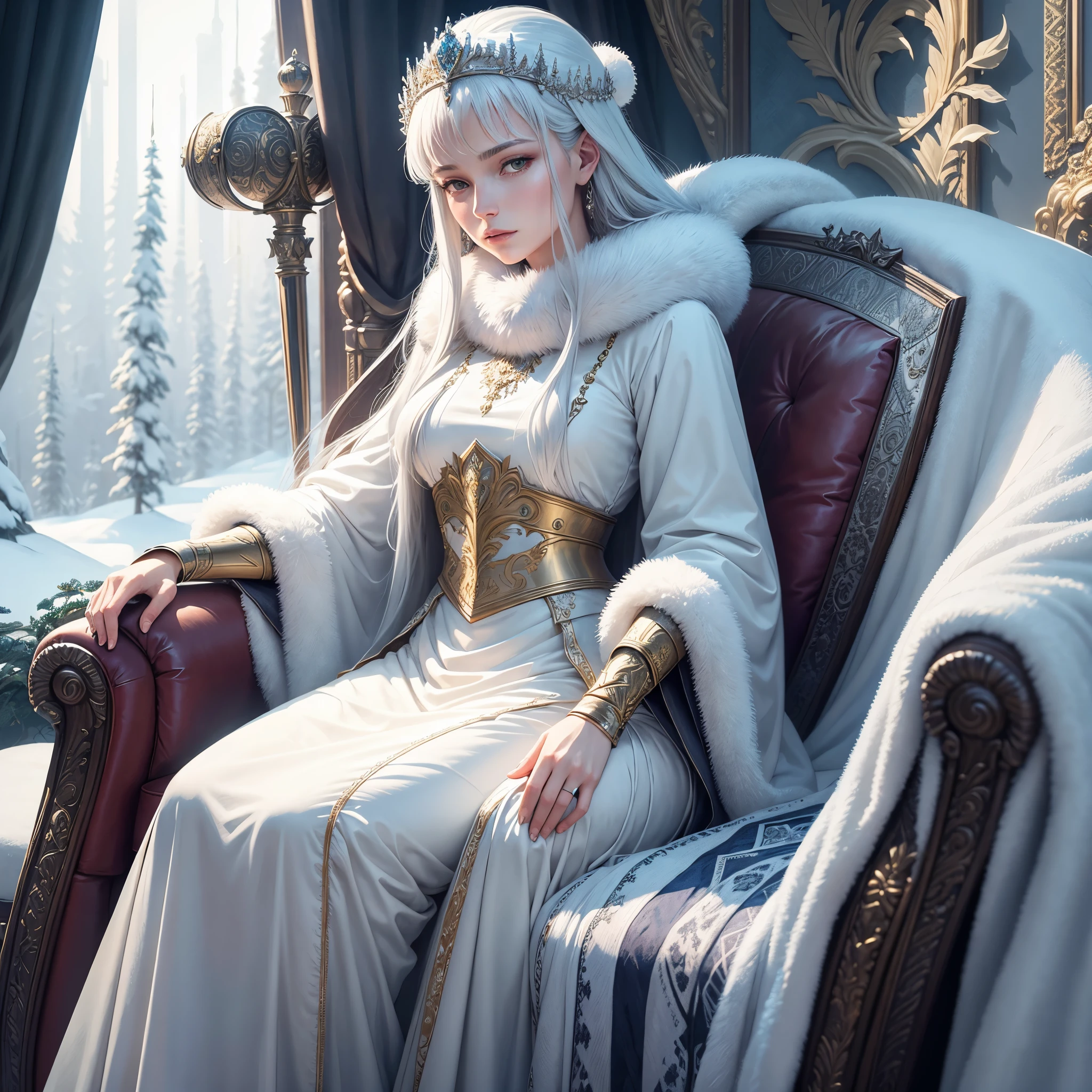 Highly detailed oil portrait an elegant queen clothed snow goddess in a luxurious interior, cold environment with some mist and vegetation, chill relaxed atmosphere, moebius,