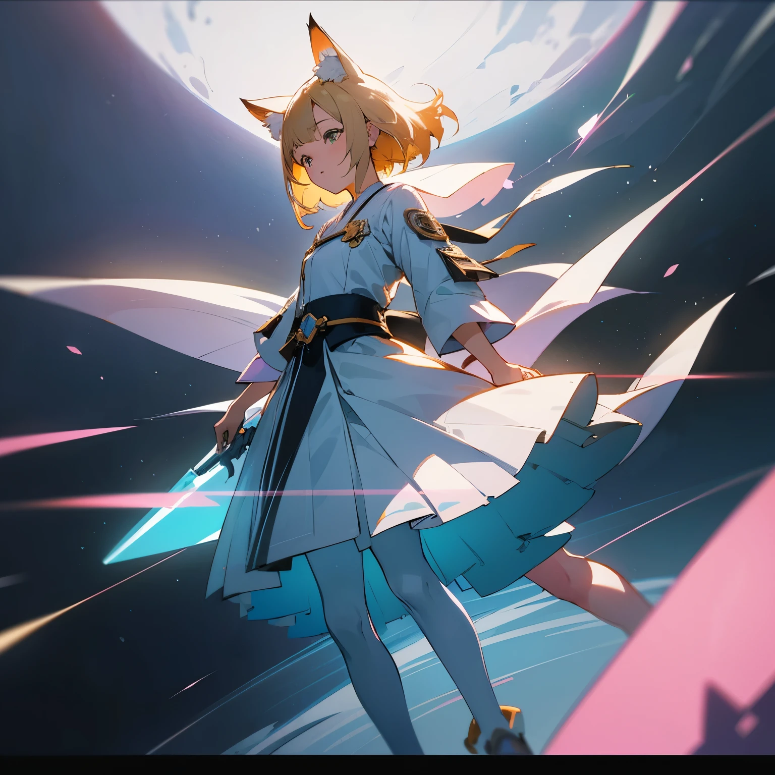 A silver-haired girl in white and orange mecha, flying on a spaceship of an advanced sci-fi space battleship with a black background, in the style of anime, with an anime composition and anime light effects, with a game art design, rendered in Unreal Engine, from a full body perspective with a high angle view, in a dynamic posture, and with a cool color scheme., A cute blonde girl with cat ears, dressed in white girls attire and holding flowers in her hands stands between two other girls who have blue hair, light green eyes and red fox tails. The background is a pink checkered pattern. In the style of anime., 0.8 Spherical mirror, distorted view of an endless grid with a beautiful shoujo manga anime woman walking on it, happily and kindly atmosphere, surrealistic digital art in the style of psychedelic landscapes, black and white checkered pattern ground, rolling hills in the distance, symmetrical composition, distorted perspective, contrast between lightness and darkness, Beautiful shoujo manga illustration, in style of sharp edge line drawing, sunny day and summer season, in school, cute, in delicate shoujo manga style, blue and grean with orange accents, TAMRON SP 90mm F/ 2. 8 Di MACRO 1: 1 USD, nikon D5, day time, sunny, mangacore, Beautiful anime photography, romantic academia, beautiful japanese young woman wearing  is happily playing harder, half close kindly eyes, full body, Beautiful brown big eyes, 25 years old, detailed glossy delicate skin, short hair, detailed beautiful balanced face, no nasolabial folds face, romantic emotivity, exaggerated action posing, soft edges and blurred details, photo-realistic hyperbole, simple and elegant style, real human body shape, kawaii flat anime face, unstable asymmetric picture screen layout, horizon slightly slanted angle, high dynamic range, high contrast, depth of field, Maximum high detail, Maximum high quality, Maximum high definition, maximum detailed delicate wide landscape, v-ray tracing backgrou