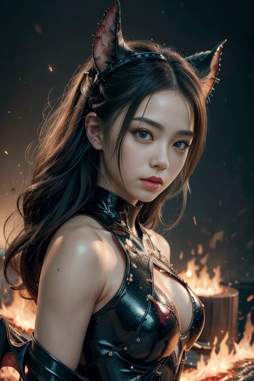 oil painting on canvas art print, beautiful busty Asian succubus woman, long demon tail, thong bikini armor, sharp fangs, sharp teeth, vampire fangs, monster teeth, dark eyes, demonic tattoo, red horns, clack half plate armor