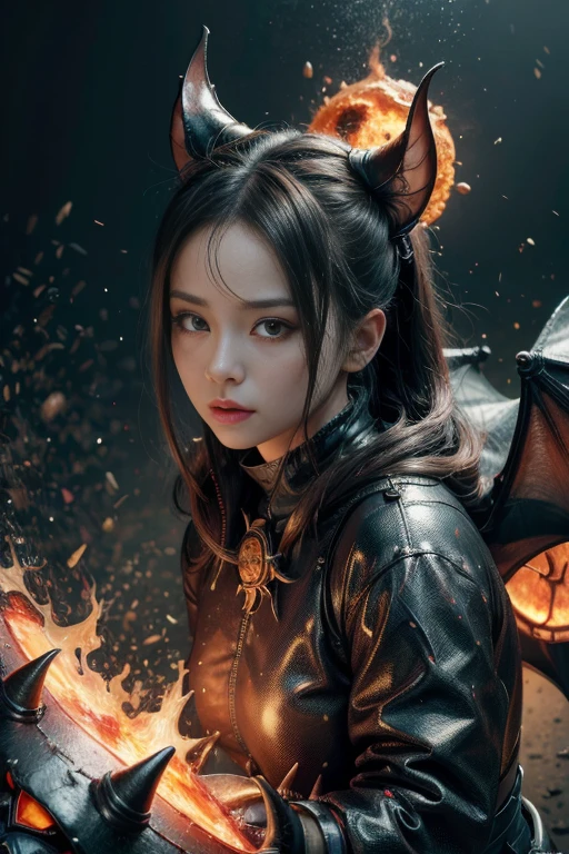 (high quality), (masterpiece), (detailed), 8K, Hyper-realistic portrayal of a futuristic (1girl1.2), Japanese character surrounded by molten magma with bats. Meticulous details capture the dynamic fusion of tradition and innovation in this visually stunning composition. Trending on Artstation.