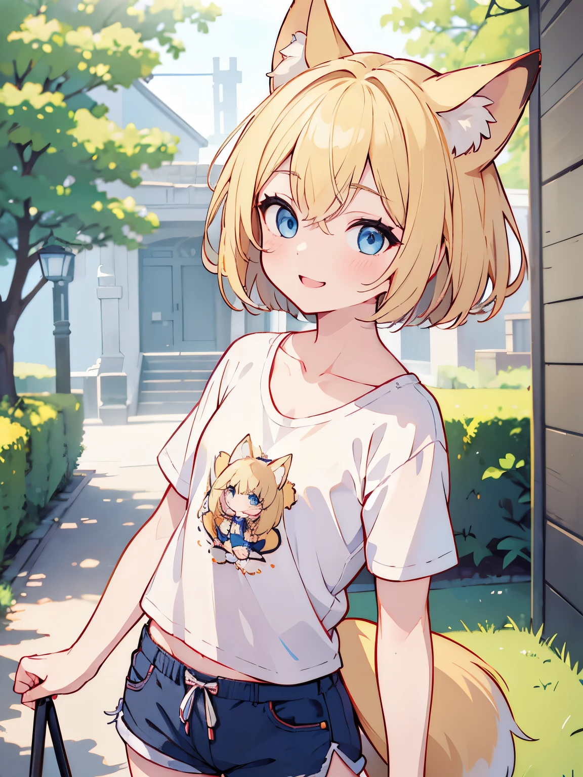 (master piece:1.2), (best Quality:1.2), (ultra detailed:1.2), (highres:1.2), 4k, 8k, upper body, look at viewer, short hair, bob cut, (blonde hair:1.2), (blue eyes:1.2), pela skin, eyes focus, smile, girl, toned, small breasts, tiny, t-shirt, shorts, fox tail, fox ears, (Short stature:1.2), lolita, big tail, from front, (flat chest1.2), entrance