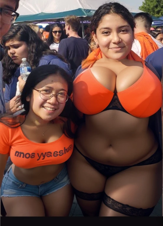 several people are posing for a picture in front of a crowd, profile pic, profile picture, very very low quality picture, having a great time, group photo, with the sun shining on it, hundreds of them, over-shoulder shot, pictured from the shoulders up, karla ortiz, center of picture, wearing an orange t shirt, discovered photo, Big tits, huge tits, no clothes, sexy, cute, minimal clothes, thick, bbw, chubby stomach, thick nipples, nipple piercings, large areola, hard nipples, piercing through shirt, nipples hard through shirt, busty, major cleavage, naked, ripping through top, spilling over sides, bra too tight, giant tits, extra wide hips, upper body zoom in, showing off huge tits, fat stomach, see through top, fat bbw, large areola showing, major cleavage, latina, down to stomach, wide hips, sexy, upper body zoom, thick arm, showing off tits, top half only, showing only upper, height difference, down to waist, tall and short girls, belly worship, tits worship, touching each other sexy, touch other sexy style, tall and short standing next to each other, two thicc girls different heights, no pants, touching , twerk together, height difference