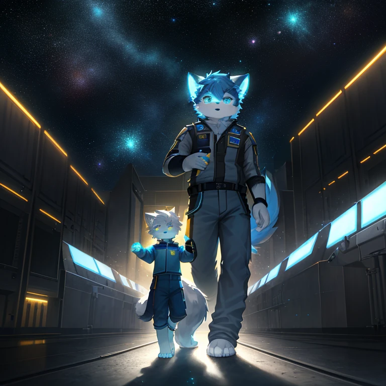 "(High quality sci-fi scenery and shadows，Ray Tracing，Particle Effects，8k resolution)，(Cat-eared Shota boy and a huge wolf tail+The ears are big and long)of(White luminous pants+The fur is white of+Yellow and blue luminous clothes)，Wearing futuristic sci-fi naval command uniform，Space Helmet，Animal-type feet，Exuding a mysterious and heroic of lovely temperament。"