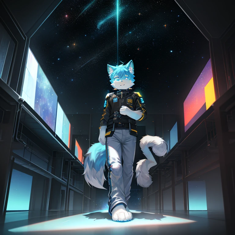 "(High quality sci-fi scenery and shadows，Ray Tracing，Particle Effects，8k resolution)，(Cat-eared Shota boy and a huge wolf tail+The ears are big and long)of(White luminous pants+The fur is white of+Yellow and blue luminous clothes)，Wearing futuristic sci-fi naval command uniform，Space Helmet，Animal-type feet，Exuding a mysterious and heroic of lovely temperament。"