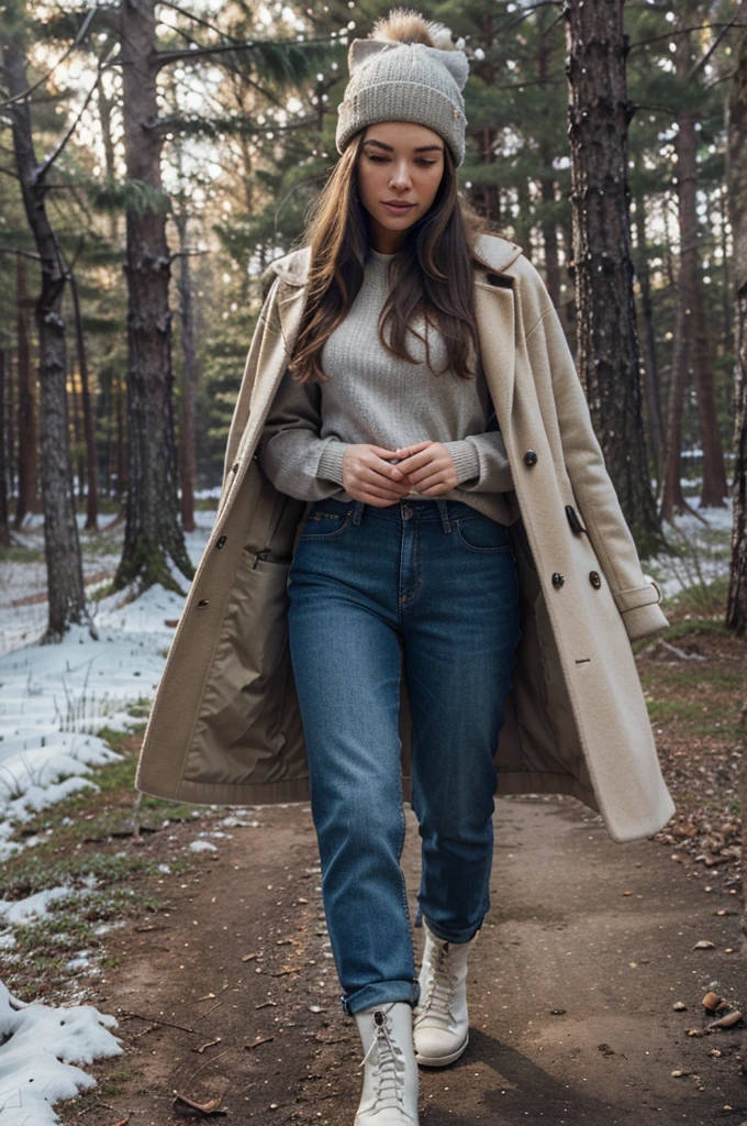 Ultra-realistic capture, Highly detailed, High resolution 16k close-up of human skin. Skin texture must be natural, With such detail that pores can be finely identified. Skin should look healthy, In a uniform tone. Use natural light and color, Wool coat, Jeans, Boots, beanie, Sunglasses, black hair, Blonde inner hair, Long Hair, Full Body Shot, Enchanted winter forest with sparkling snowflakes