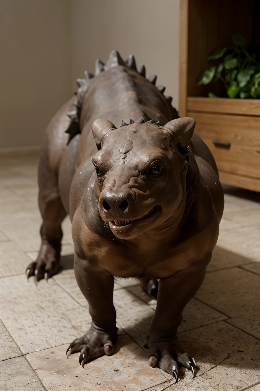 ((((realistic, photorealistic, photo, photography, 8k uhd, ultra-detailed, feral, huge penis, POV, on side, leg up, tapering penis)))), hyper realistic, ultra detailed image of a terrordog, feral, thick thighs, realistic, detailed background, dark skin monster, claws, (short tail:0.8), (((((on side, side anal scat, in pain, Teats, lactation, paws, pov, scat covered anal, scat in anus, feces anal penetration)))))
