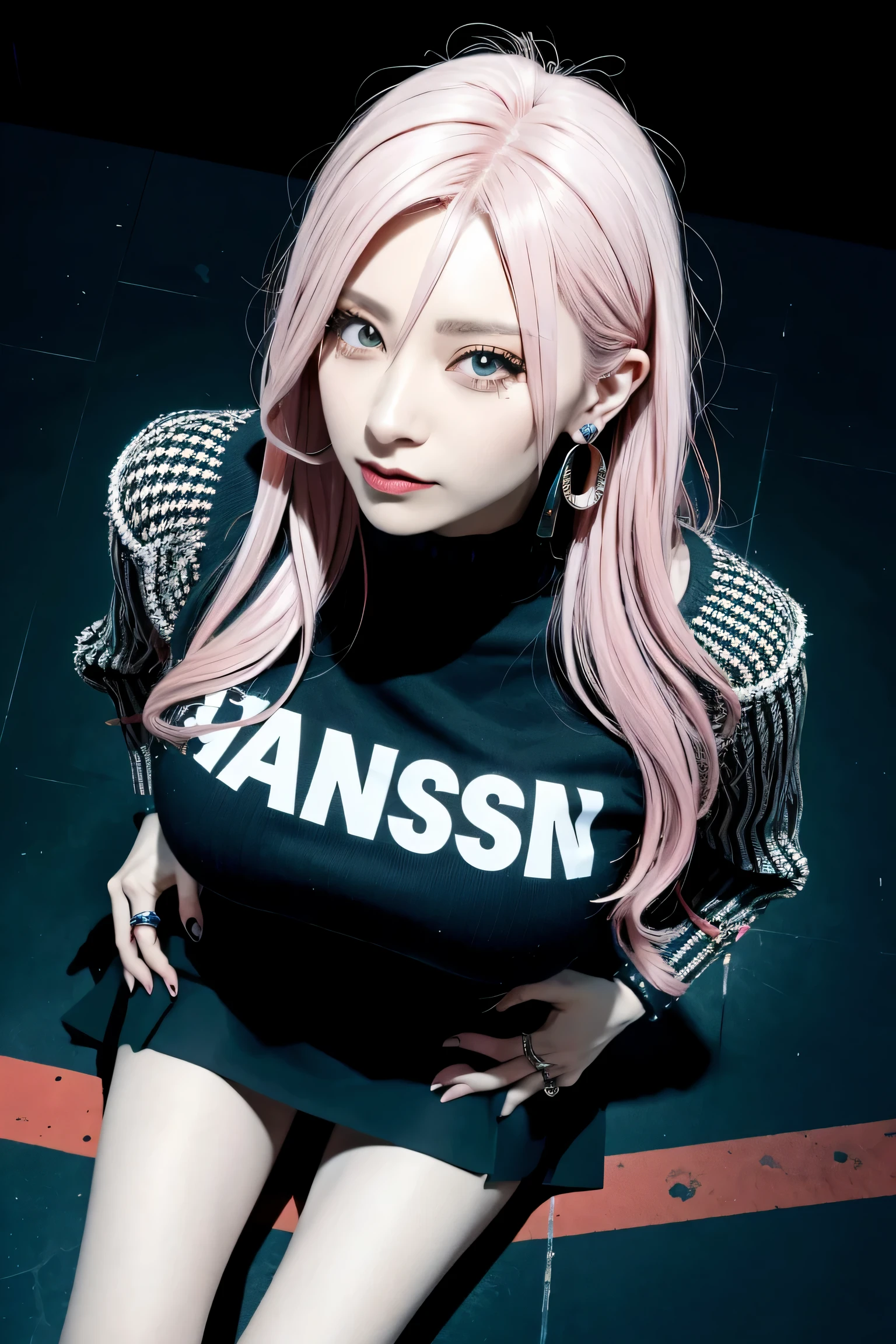 (masseter section: 1.2, top quality), (live action, intricate details), (1 female, solo, upper body, huge boobs) Clothing: edgy, black jumper, pink mini skirt, avant-garde, experimental look: long pink hair, dramatic makeup, unconventional fashion choices behavior: rebel, runaway lady leader, secretary general, black jumper, pink mini skirt, anti-establishment, provocative location: urban arts district, underground music scene taste: bad boy, creating mixed media art Experimenting with different subcultural values: individuality, authenticity, inspiration for creative expression: Runaway Ladies Leader, Secretary General, symbol of counterculture, nature: bold, unconventional.BREAK ((sweden girl,white skin,white person)), BREAK (gyaru:1.1),(Glamour:1. 3),(night),photo of a beautiful skinny woman (supermodel:1.3), BREAK ((earrings, and rings),Cowboy Shot, ((tall person)),(android),((upturned eyes)),((Angle from above:1.3)),from above、Looking at camera,