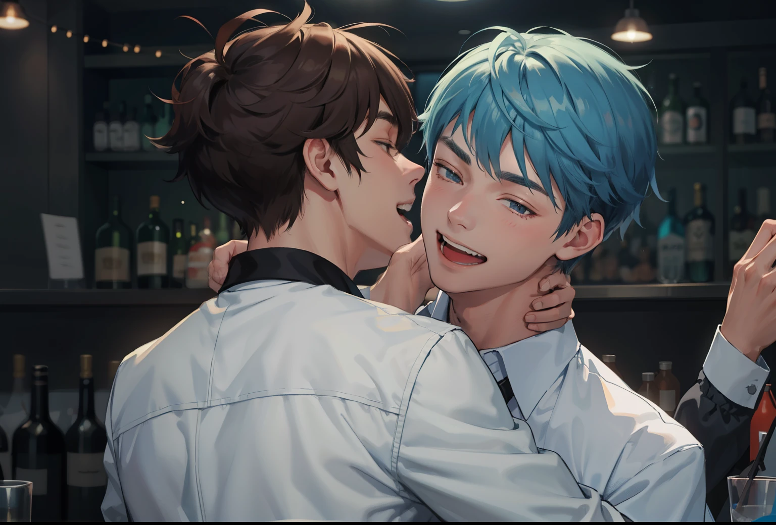 two 14 year old boys are dancing and laughing in a bar