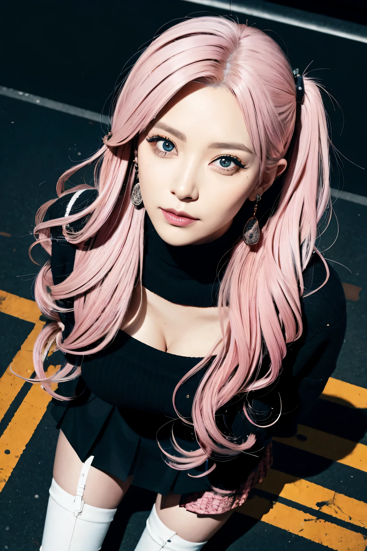 (masseter section: 1.2, top quality), (live action, intricate details), (1 female, solo, upper body, huge boobs) Clothing: edgy, black jumper, pink mini skirt, avant-garde, experimental look: long pink hair, dramatic makeup, unconventional fashion choices behavior: rebel, runaway lady leader, secretary general, black jumper, pink mini skirt, anti-establishment, provocative location: urban arts district, underground music scene taste: bad boy, creating mixed media art Experimenting with different subcultural values: individuality, authenticity, inspiration for creative expression: Runaway Ladies Leader, Secretary General, symbol of counterculture, nature: bold, unconventional.BREAK ((sweden girl,white skin,white person)), BREAK (gyaru:1.1),(Glamour:1. 3),(night),photo of a beautiful skinny woman (supermodel:1.3), BREAK ((earrings, and rings),Cowboy Shot, ((tall person)),(android),((upturned eyes)),((Angle from above:1.3)),from above、Looking at camera,